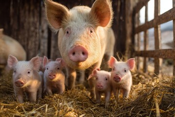 Adorable pig family posing for the camera in a rustic barnyard setting