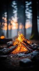 Fototapeta premium Cozy campfire crackling warmly amidst a misty forest at dusk with soft orange light