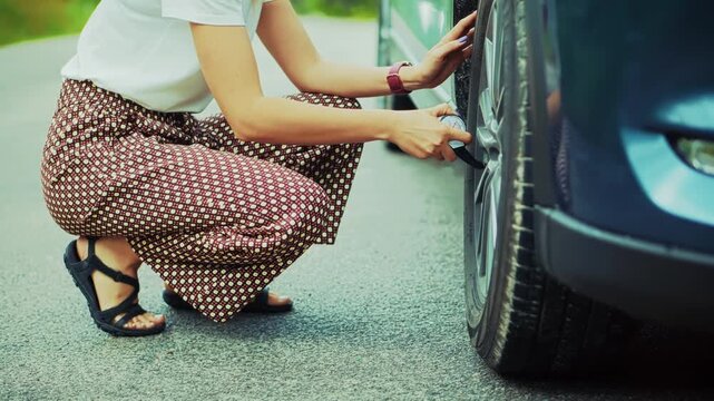 Checking Tire Pressure With Gauge On Roadside. Automotive Maintenance And Safety Inspection During Road Trip