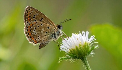 A close-up shot of a delicate butterfly perched on a white wildflower
