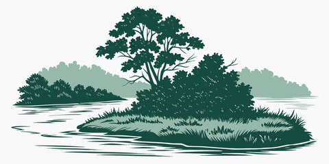 A serene island landscape with trees and water Vector © MST RABEYA BEGUM