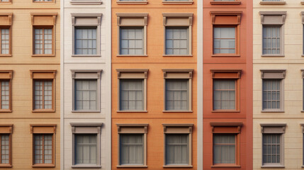 Fototapeta premium Colorful building facade with symmetrical windows, urban architecture, modern city exterior