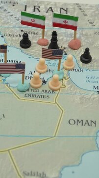 Geopolitical chessboard displaying the escalating military tension between Iran and the United States in the strategic Strait of Hormuz, a critical chokepoint for global oil supply