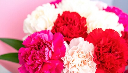 Close-up of a colorful bouquet featuring vibrant red, pink, and white blossoms