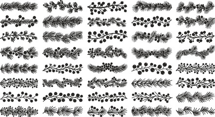 Black silhouettes of various pine branches with berries on white background © Mofajjol