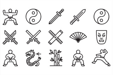 Obraz premium Martial Arts Weapon And Fighter Icon Pack In Minimal Style