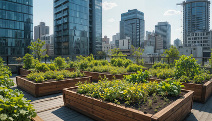Fototapeta premium Urban gardening initiative rooftop garden contemporary cityscape green environment aerial view sustainable living