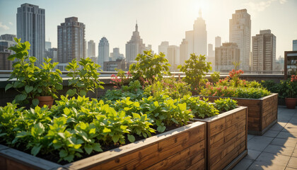 Fototapeta premium Urban gardening event rooftop vegetable planting city skyline photo sunlit environment aerial view sustainable living