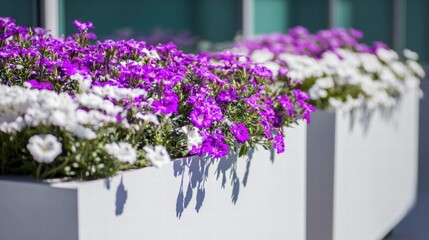Naklejka premium Purple and white petunias in modern planters