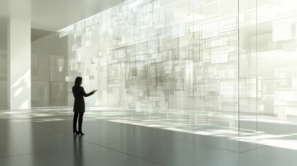 Fototapeta premium A person interacting with a large, translucent, digital display in a modern, minimalist space