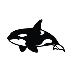 Black and white orca whale silhouette swimming left on plain background