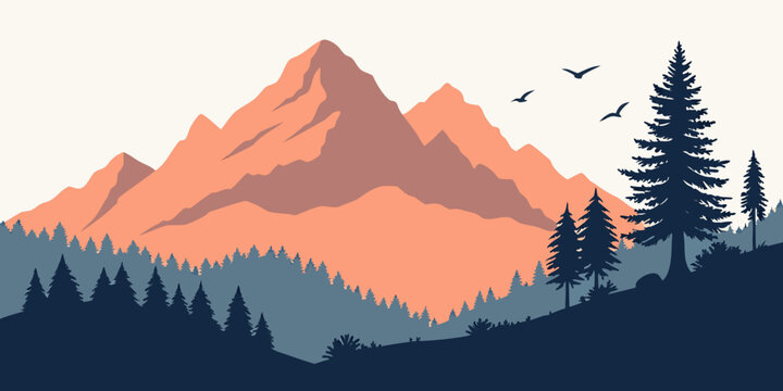 A mountain landscape with trees and birds flying overhead Vector