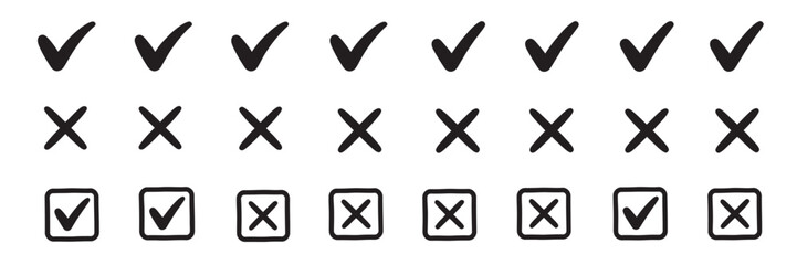 Check tick mark and cross icon collection, hand drawn checkbox symbols with sketch marker style, right and wrong checklist indicators, brush marker tick and X graphics, simple expressive vector set © MOSAKAYRUNNAHAR