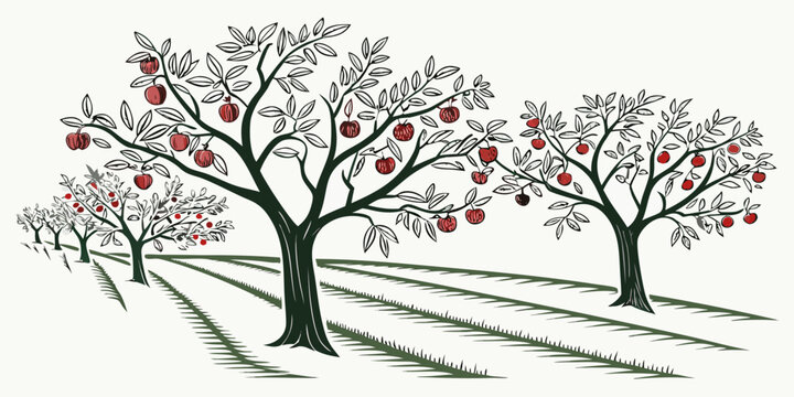 An apple orchard with trees and red apples Vector