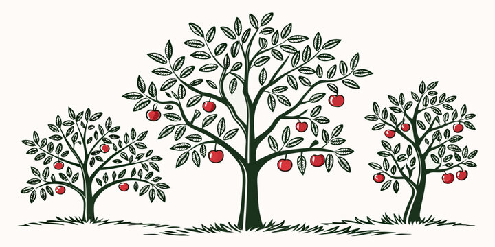 Three apple trees with red apples in an orchard Vector