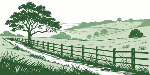 A green and white image of a tree and fence in a field Vector © Adobe 