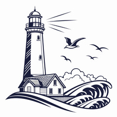 A black and white drawing of a lighthouse with birds flying overhead Vector © Adobe 