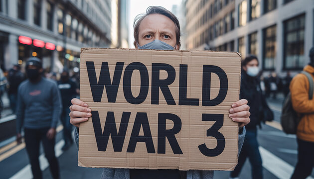 Protester holding World War 3 CARDBOARD SIGN during tense street demonstration in busy city with crowd demanding peace and raising awareness of war fears