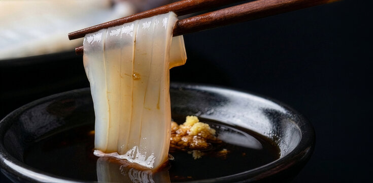 箸でつまむ新鮮なイカ刺しと醤油のクローズアップ