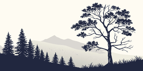A tree stands tall in a forest with mountains in the background Vector © Adobe 