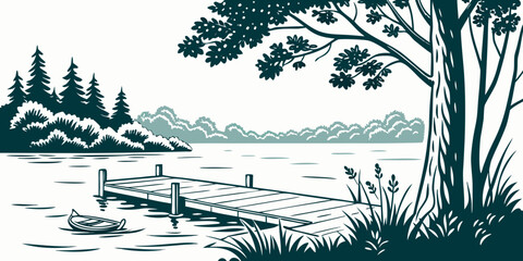 A serene lake scene with a dock and trees Vector © Adobe 