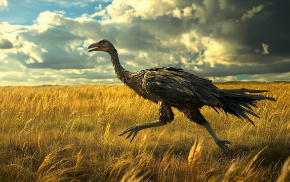 A Kelenken terror bird stands tall upon a rocky outcrop, its keen eyes scanning the rugged, windswept terrain that was once the domain of this formidable prehistoric predator