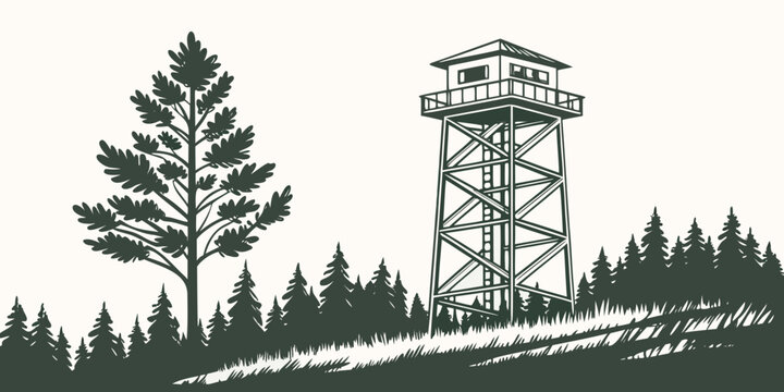 A fire lookout tower in a forest with a tree Vector