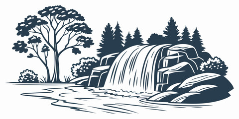 A serene waterfall surrounded by trees and rocks Vector © Adobe 