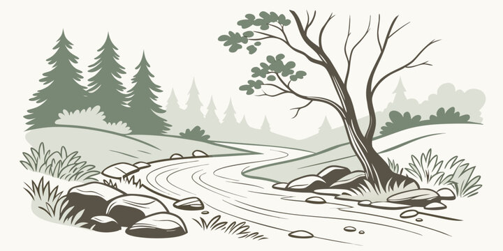 A tree uprooted on a snowy hill with pine trees in the background Vector