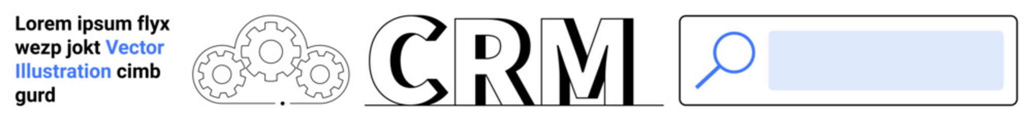 Digital marketing, business solutions, software integration, customer management, data processing, workflow improvement. CRM text with gear icons and a search bar. Digital marketing and business