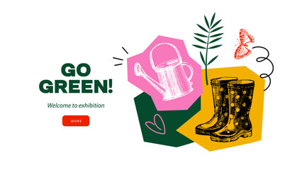 Hand drawn vintage eco-friendly collage banner with doodle sketch elements. Vector isolated illustration. Ecology , gardening, recycling, agricultural, green, climate, farm design concept © pim