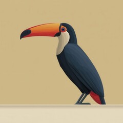 Fototapeta premium Stylized toucan with vibrant orange beak against a muted yellow background
