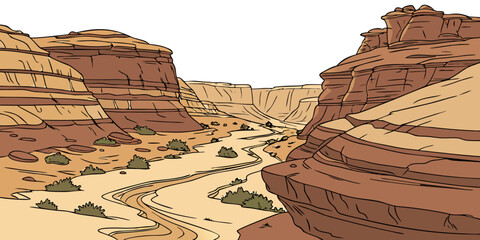 A desert canyon with a sandy path and rocky cliffs Vector © Adobe 