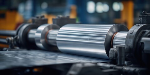 Naklejka premium Industrial metal sheet rolling machine in a factory setting, close-up view