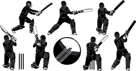 Cricket player silhouettes performing different batting shots with bat, ball and stumps, professional cricket sport action set isolated on white background illustration