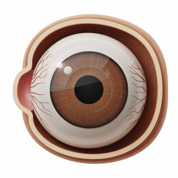 Human eye anatomy with brown iris and red vessels