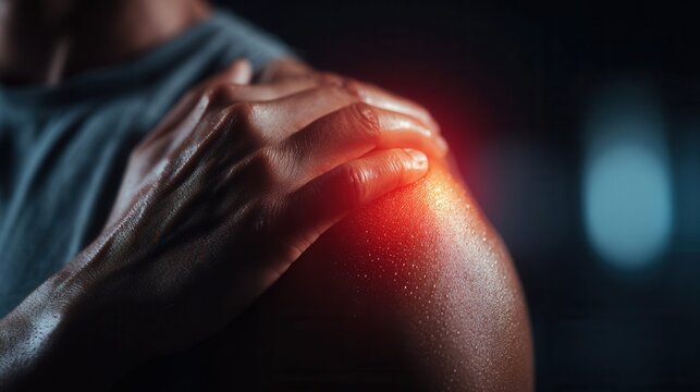 Close-up of a person's shoulder with a red highlight indicating pain or inflammation