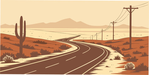 A desert road with a cactus and power lines Vector © Adobe 
