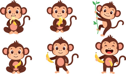 Cute cartoon monkey characters set with bananas in different poses, funny jungle animal illustration collection isolated on white background for children design © MdFojlur