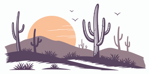 A desert landscape with cacti and a sunset Vector © Adobe 