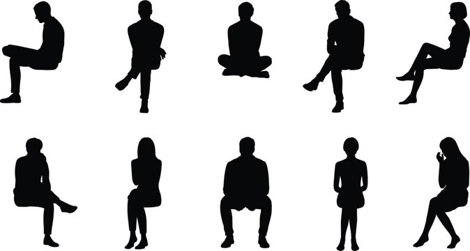 Collection of sitting people silhouettes in various poses, men and women seated on chair isolated on white background, body language and waiting concept