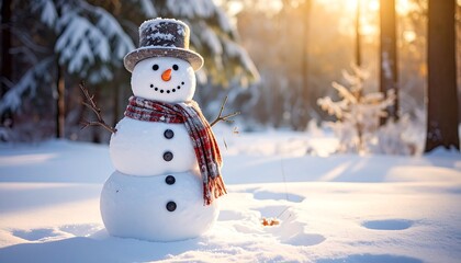 Obraz premium Smiling snowman with top hat and scarf stands in a snowy forest, sun shining through the trees