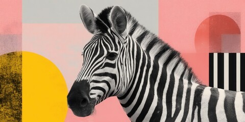 Fototapeta premium Striking zebra portrait with abstract geometric shapes and pastel background