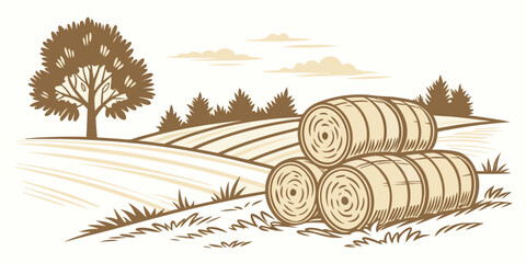 A brown illustration of hay bales in a field Vector © Adobe 