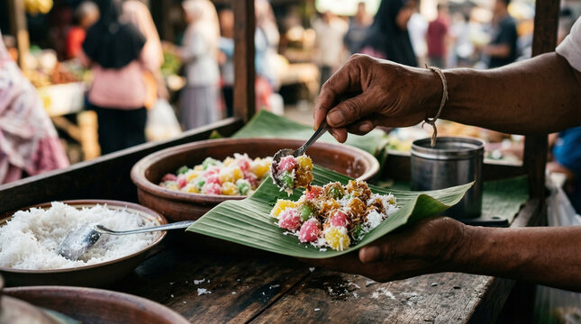Vendor Hands Serving Cenil Indonesian Sweet at Traditional Market