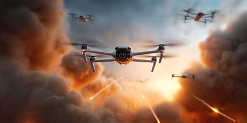 Obraz premium Multiple drones flying through smoke and explosions in a dramatic aerial combat scene