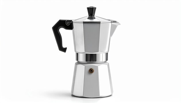 Silver moka pot on white background stovetop coffee maker espresso brewing device kitchen appliance for hot beverage.