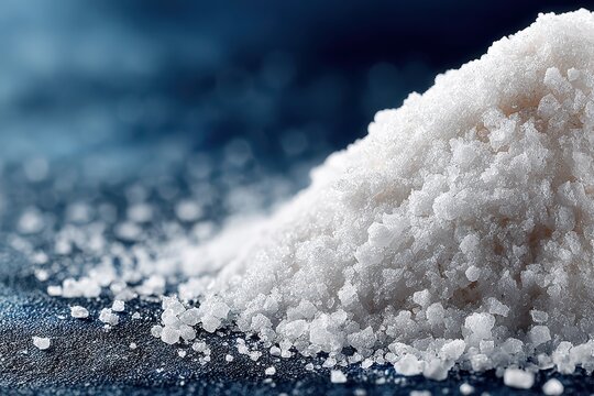 Close-up of a textured pile of white salt crystals against a dark blue background, showcasing the delicate structure and purity of the natural mineral.