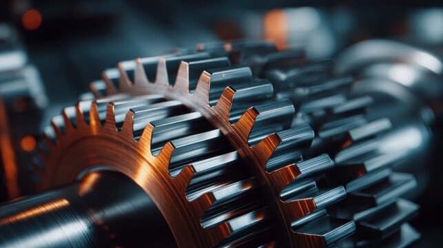 Close-up view of interlocking metal gears in a mechanical system, highlighting precision engineering