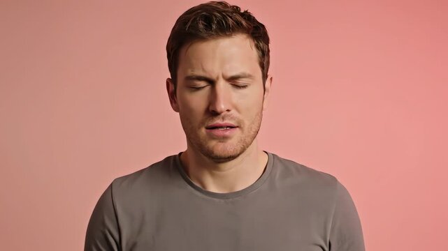 Worried Young Man with Gray T-Shirt on Pink Background Looking Anxious and Running Hand Through Hair in Studio Lighting